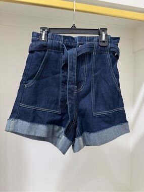 Women's Dark Blue Denim Paperbag Shorts with Belt
